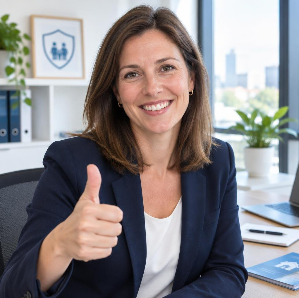 Smiling woman in a blazer giving a thumbs up in an office