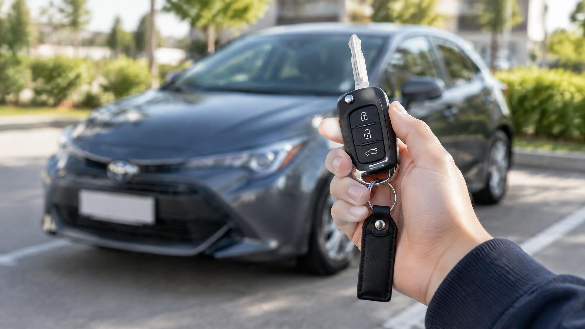 Hand holding a car key in front of a car
