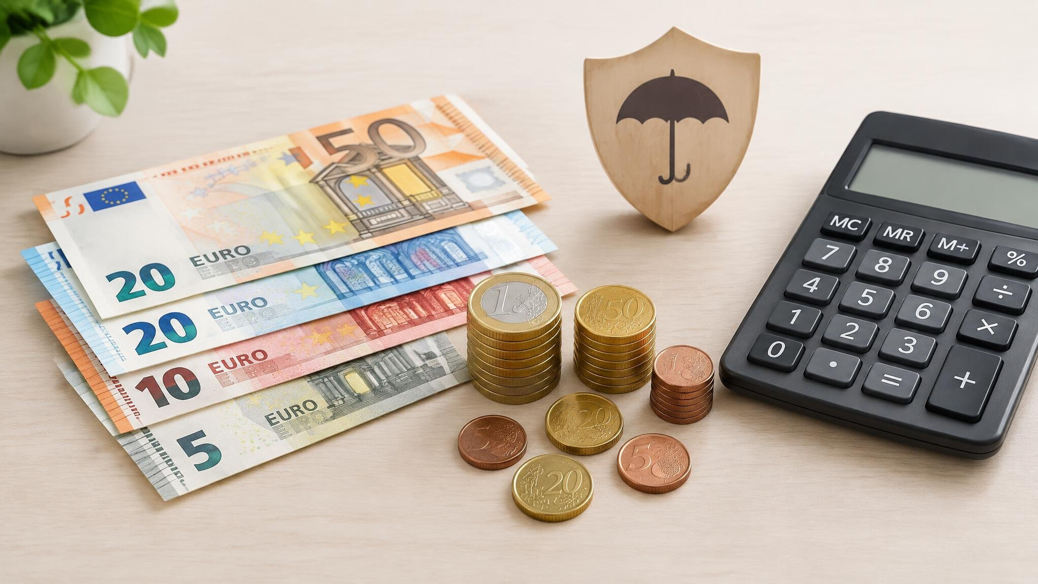 Euro banknotes and coins on a table