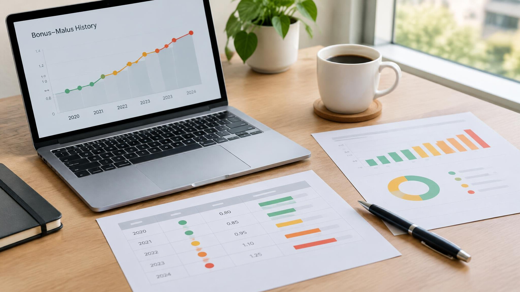 Laptop with documents and charts on a desk