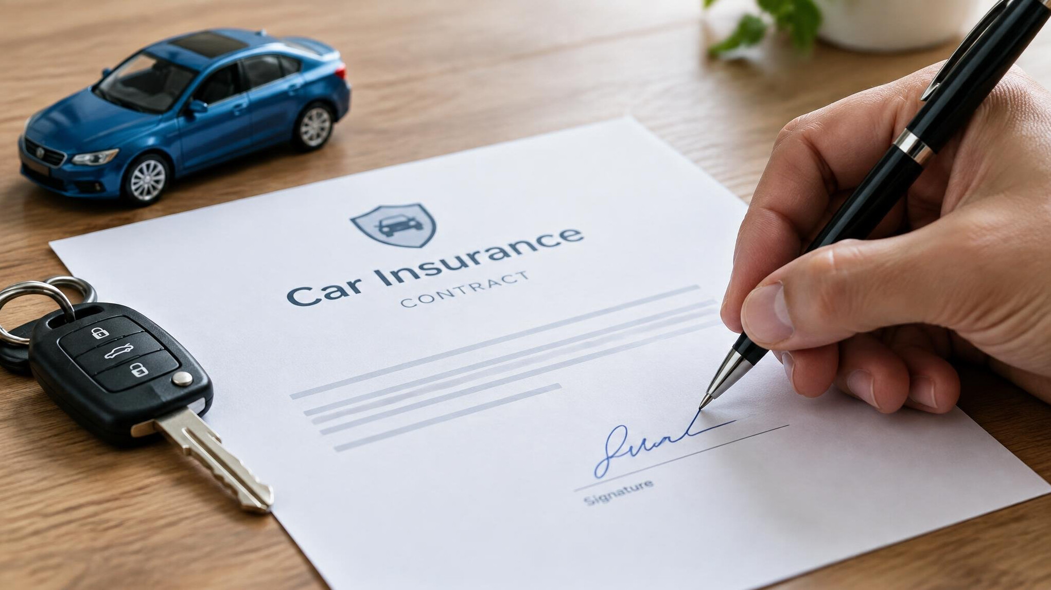 Hand signing an insurance contract on a desk