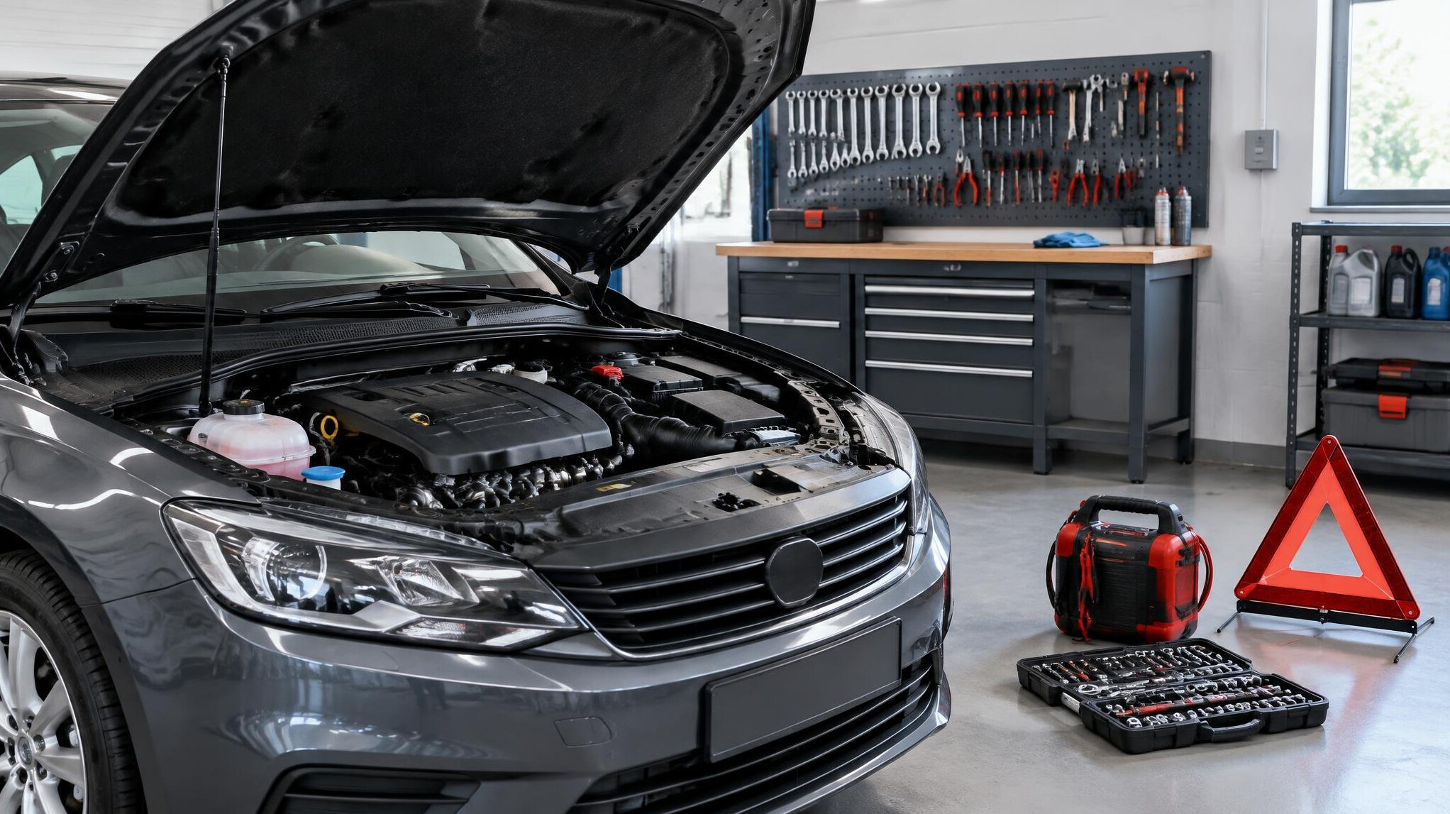 Mechanic working under the hood of a car in a garage