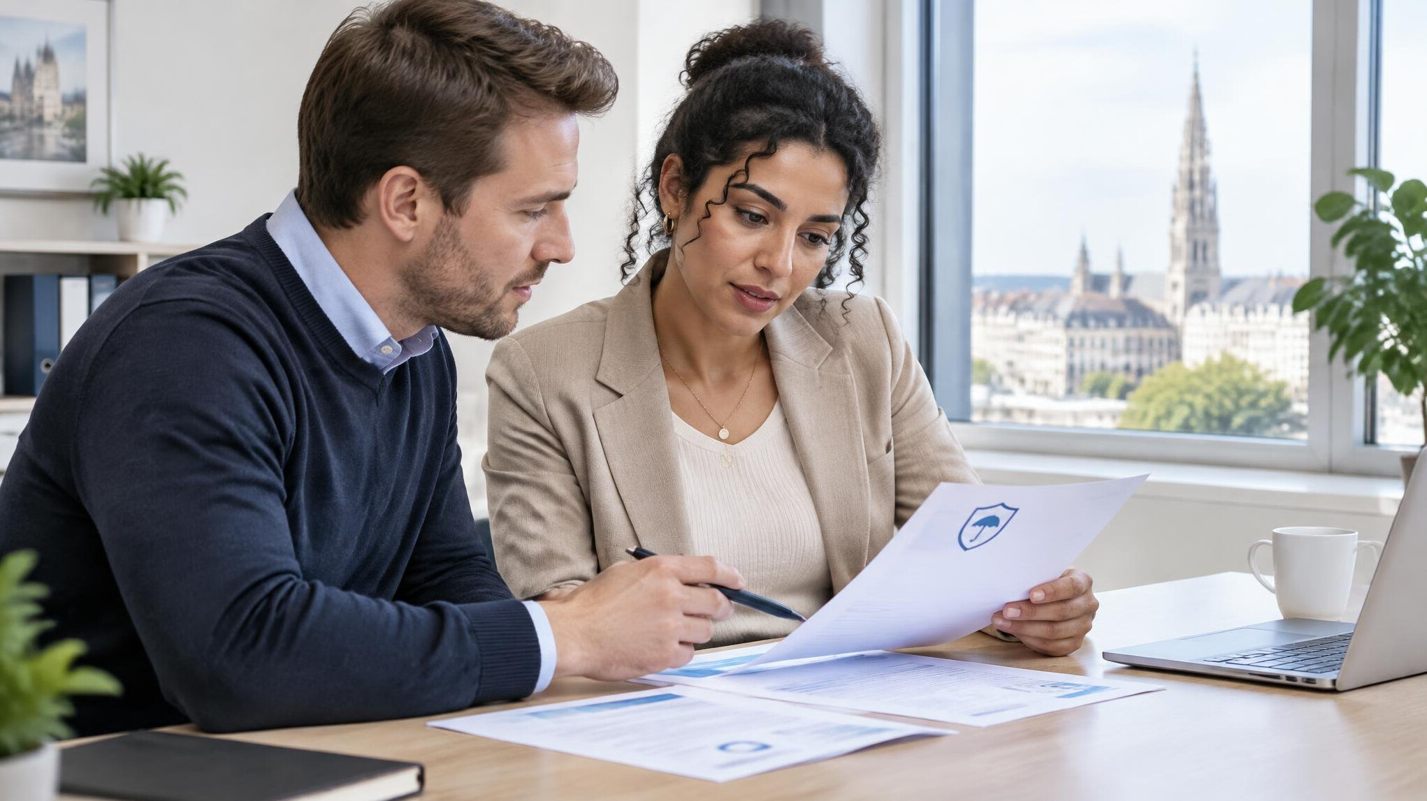 Two colleagues reviewing documents in an office meeting